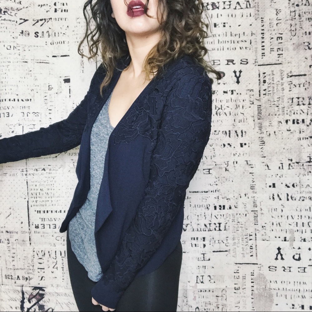 OneTheLand Lace Appliqué Midnight Blue Blazer